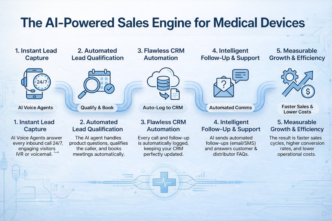 AI-powered sales engine process for medical device companies showing lead qualification, CRM automation, and intelligent follow-up