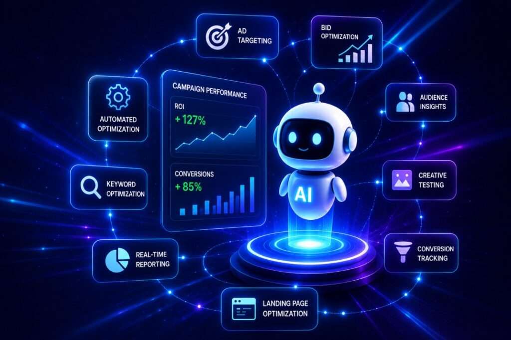 AI-powered digital marketing automation illustration with campaign optimization dashboard, audience targeting, conversion tracking, and real-time ad performance analytics.